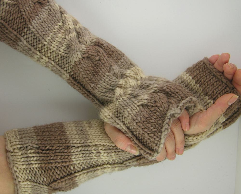 Knit fingerless gloves knit fingerless mittens long arm warmers Cable knit for her for him beige brown curationnation