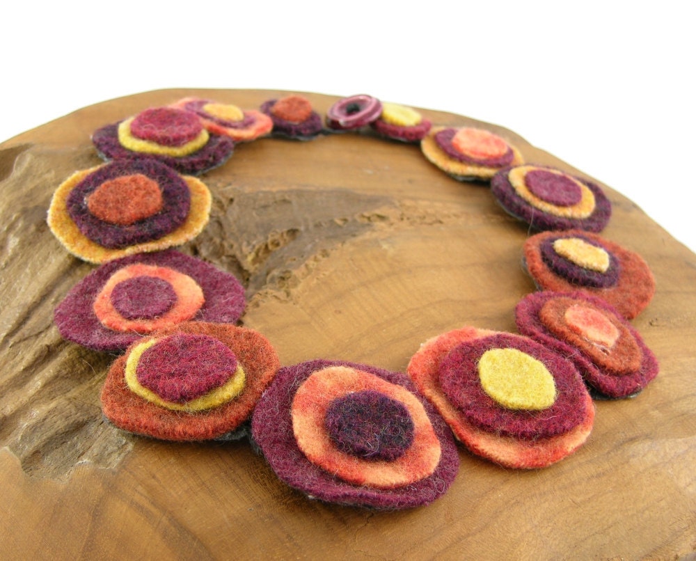 necklace scarf CIRCLES textile necklace skinny scarf neck orange yellow felted recycled wool eco friendly for her tagt team curationnation
