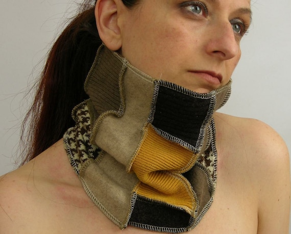 neck warmer eco friendly cowl tube scarf recycled wool repurposed yellow beige fall autumn brown tagt team curationnation