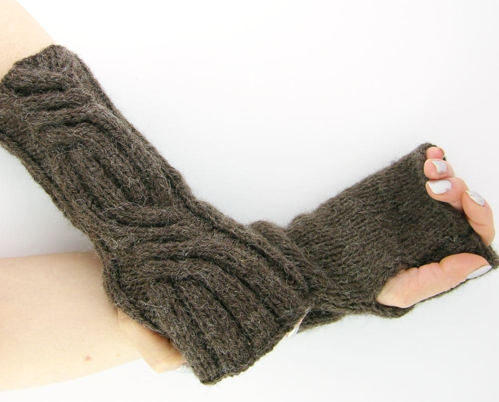 knit arm warmers cable knit  fingerless gloves knit mittens dark coffee chocolate brown   alpaca mix unisex men women curationnation