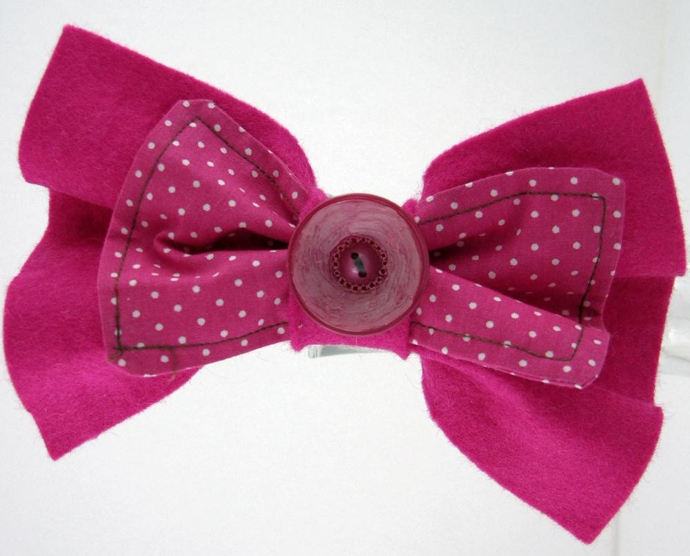 Hair clip bow felt repurposed fabric eco friendly fuchsia hot pink bright polka dot women girls preppy modern tagt team curationnation
