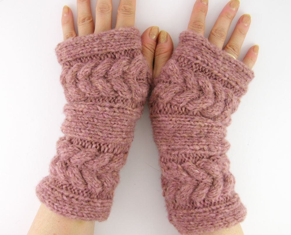 LAST PAIR - Cable knit fingerless gloves arm warmers fingerless mittens old rose chunky soft fall winter fashion tagt curationnation
