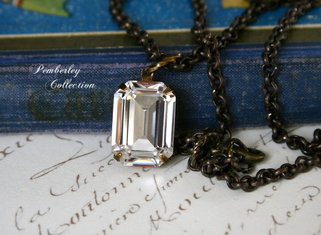 Swarovski Crystal Pendant Necklace, Clear, Octagon, Estate Style Necklace