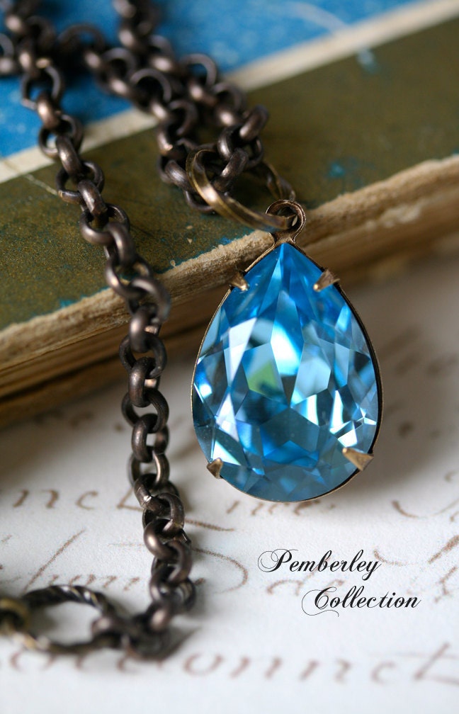 Swarovski Crystal Necklace, Aquamarine, Tear Drop, Estate Style Necklace