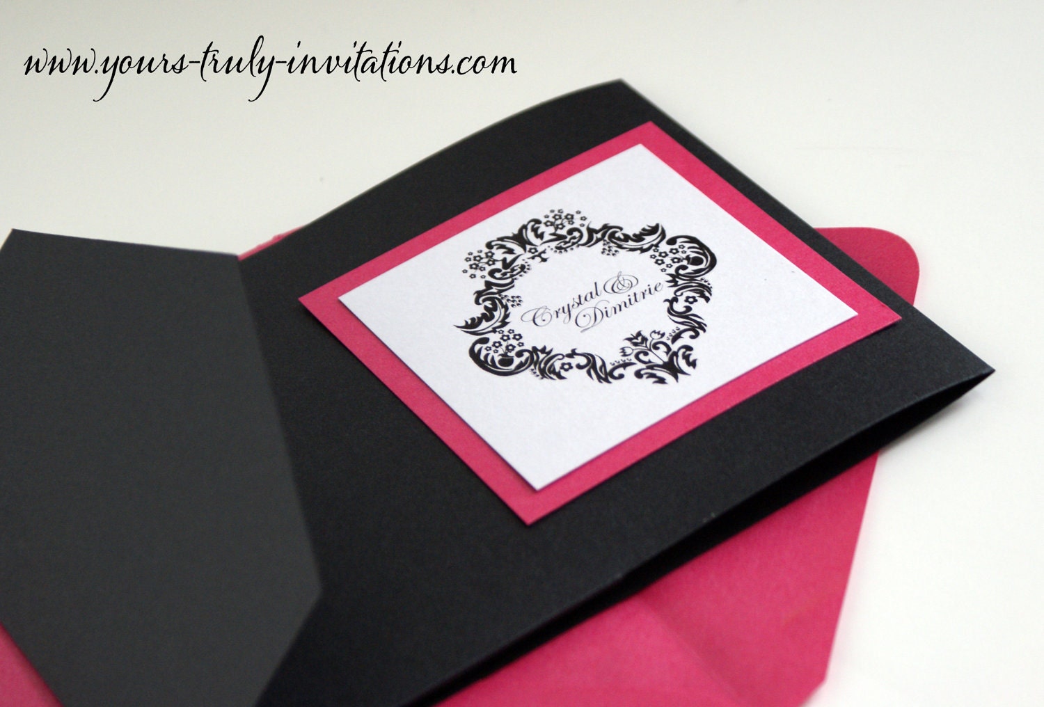 Pink and Black Damask Wedding Invitation Suite