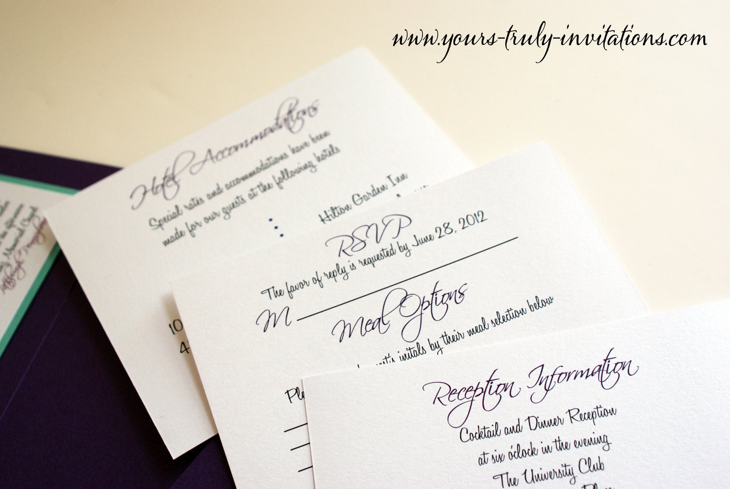 Peacock Feather Wedding invitation suite with Corner Feather in Purple and Peacock Blue