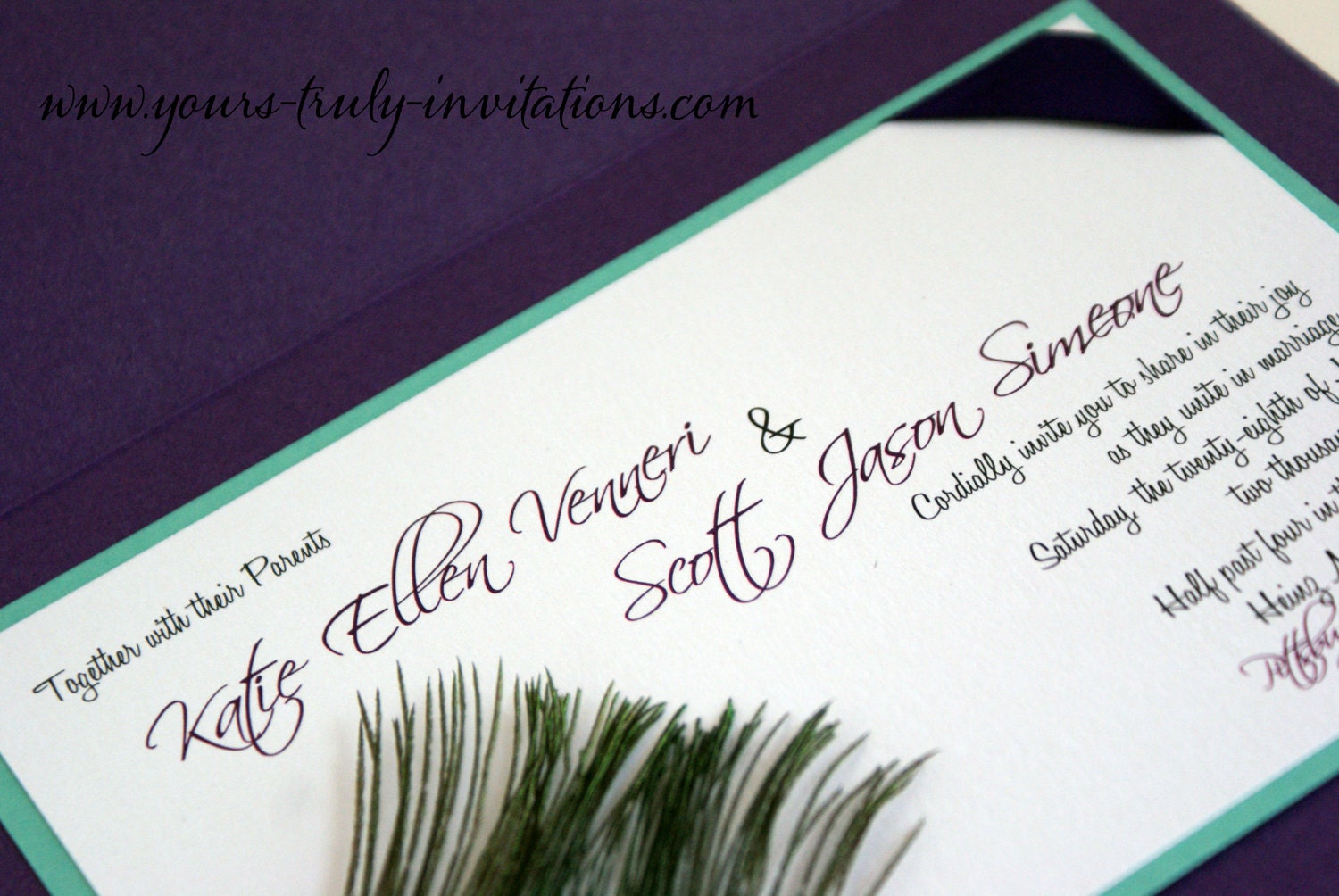 Peacock Feather Wedding invitation suite with Corner Feather in Purple and Peacock Blue