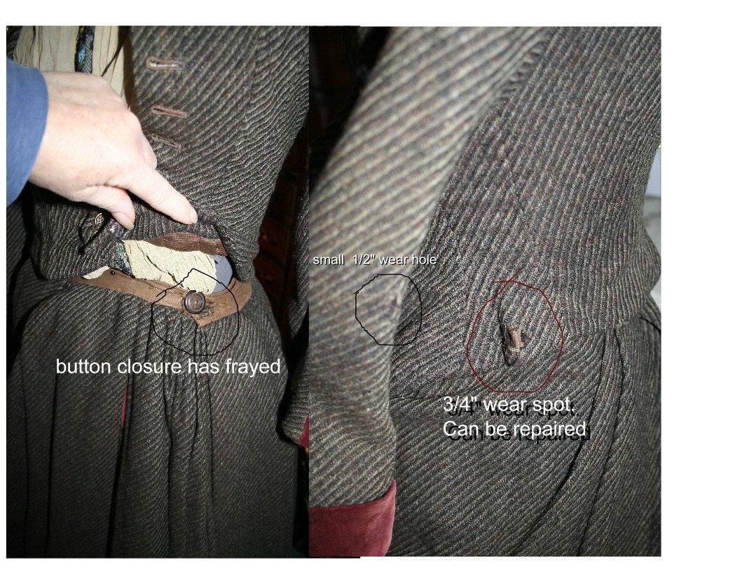 Lat 1800s Early 1900's Wool Herringbone w Burgundy Velvet Trim Original Jacket and Skirt Outfit Steampunk