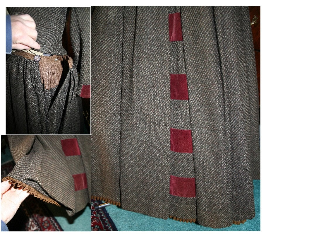 Lat 1800s Early 1900's Wool Herringbone w Burgundy Velvet Trim Original Jacket and Skirt Outfit Steampunk