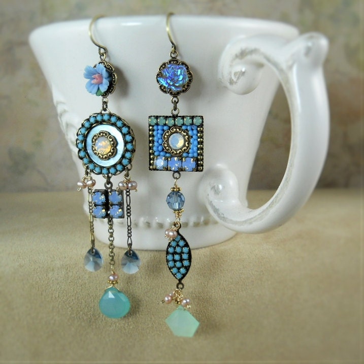 Elysium Asymmetrical Mismatch Earrings - Bohemian Wedding - Boho Chic - Micro Mosaic Earrings - Unique Blue Earrings
