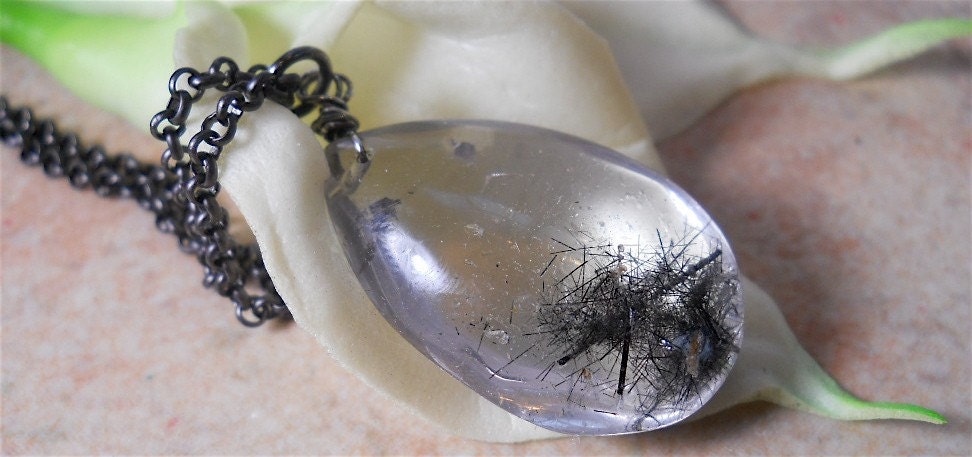 Tourmalated Quartz Smooth Briolette Pendant Necklace on Matte Black Rolo Chain, Womens Fashion Jewelry