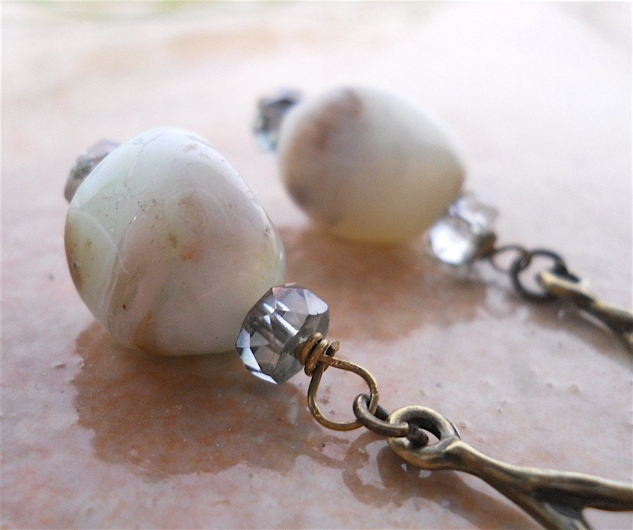 African OPAL and Oxidized Brass Long Dangle Earrings, Earth Fashion Accessory, Affordable Gift.