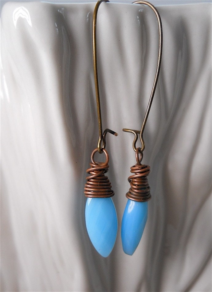 TURQUOISE Blue  Faceted Marquise Glass and Copper Wire Wrapped Earrings.