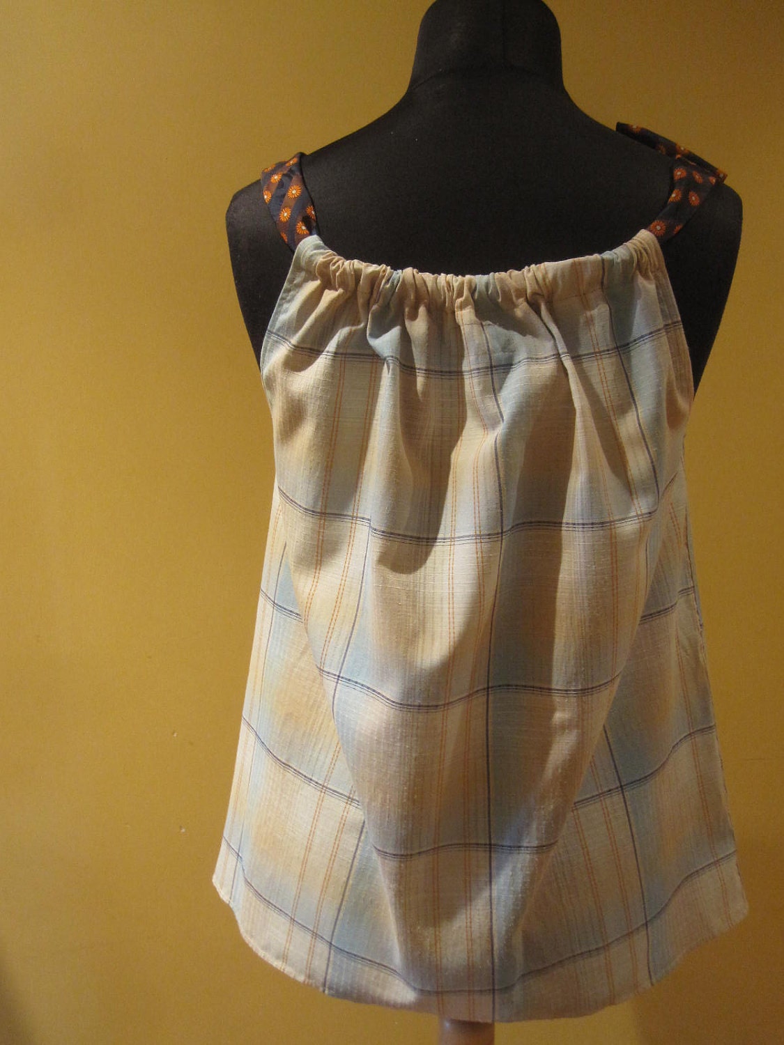 Plaid Upcycled Boyfriend Tank Top Blouse in Blue and Tan with Two Changeable Necktie Shoulder Straps - Womens Upcycled Clothing