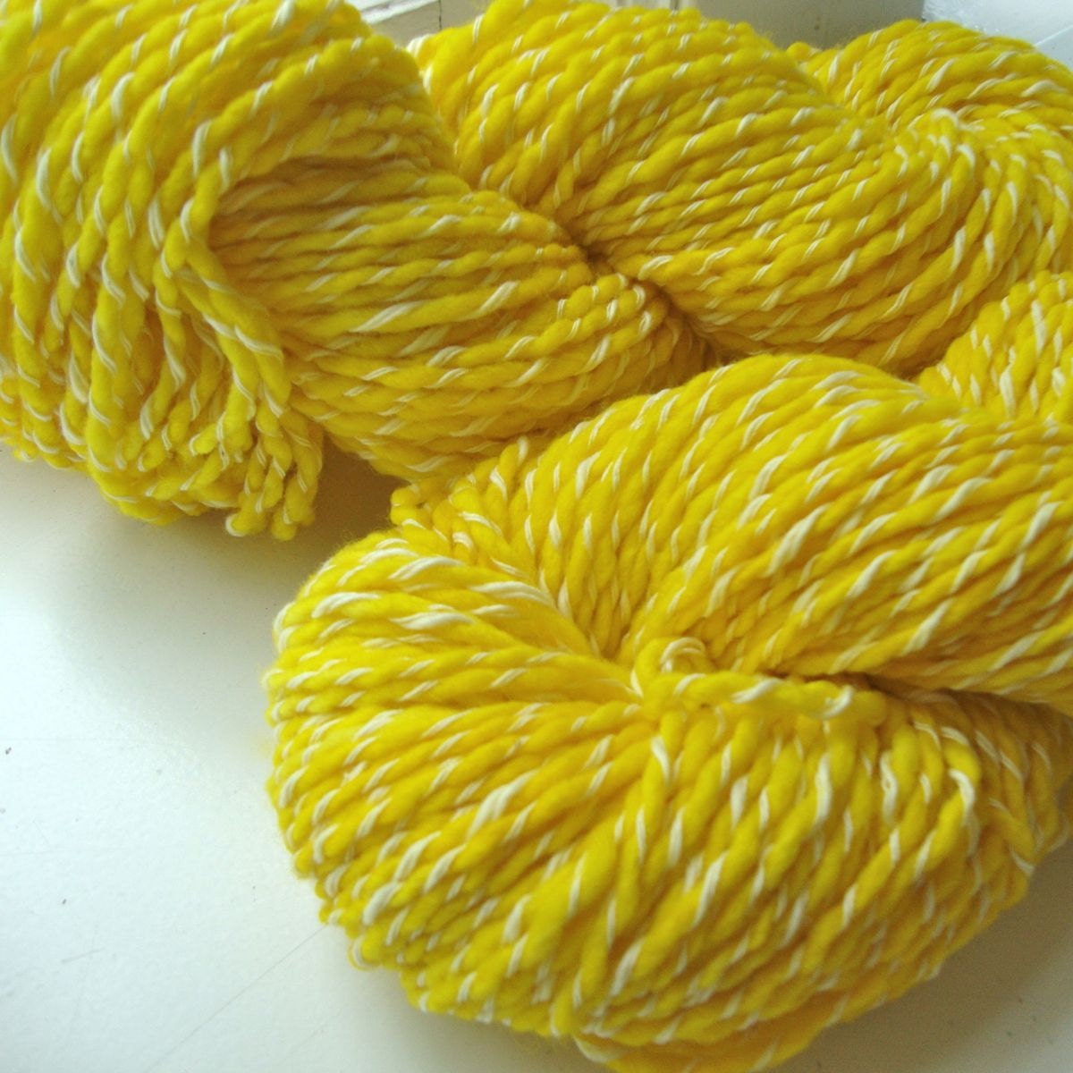 Hand dyed yellow barber pole yarn, wool and cotton, bulky, Sunshine