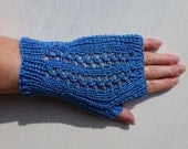 Fingerless Gloves, Lace Pattern, Hand Knit Short Gloves - Sky Blue, Jeans Blue