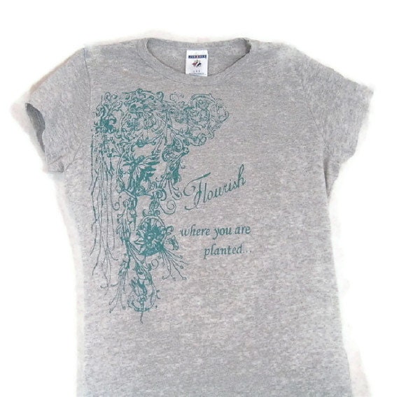 Screenprinted Tee Floral Design and Text Gray with Aqua Ink