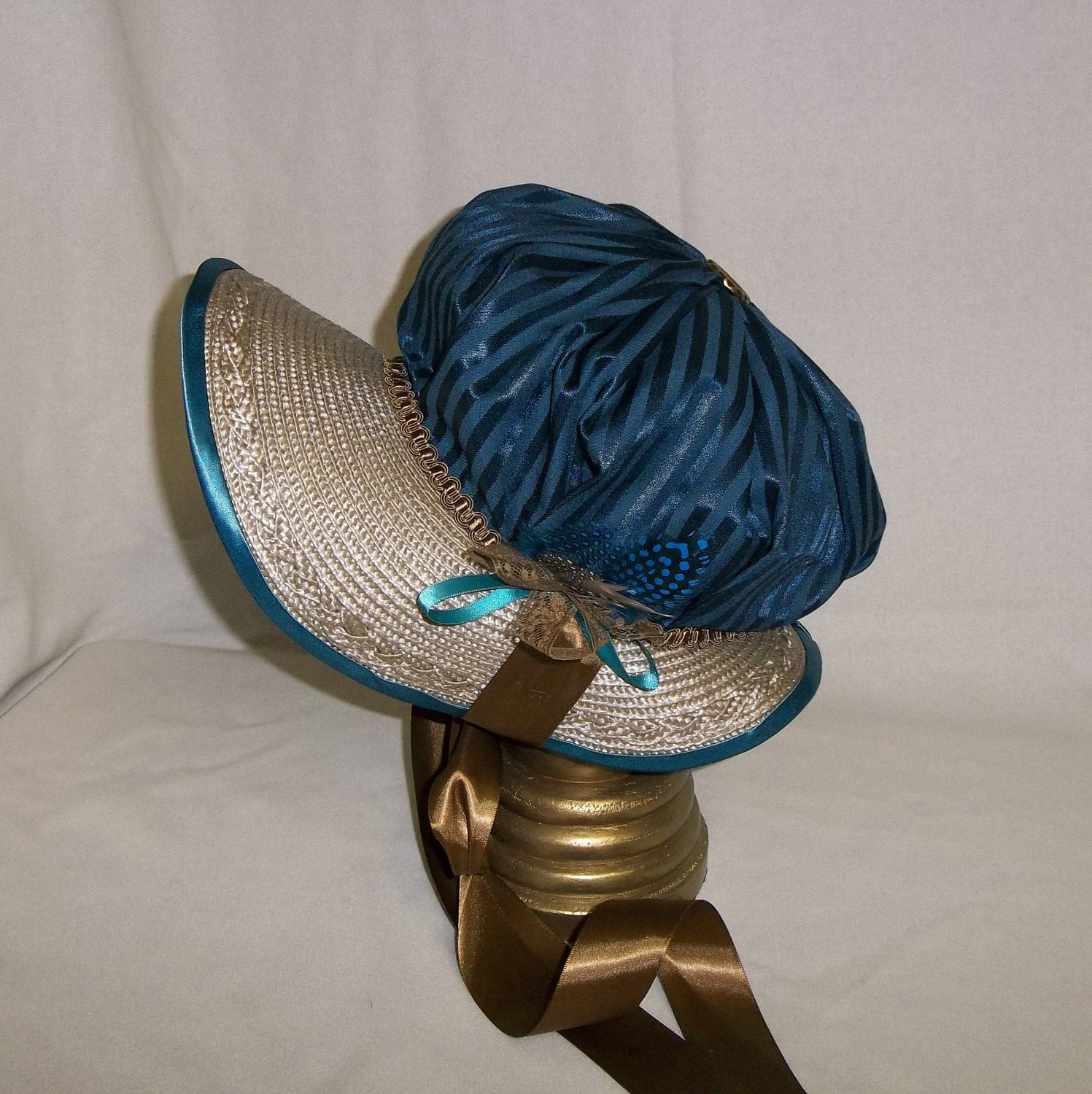 Peacock Blue and Brown Bonnet,  Ready-To-Wear