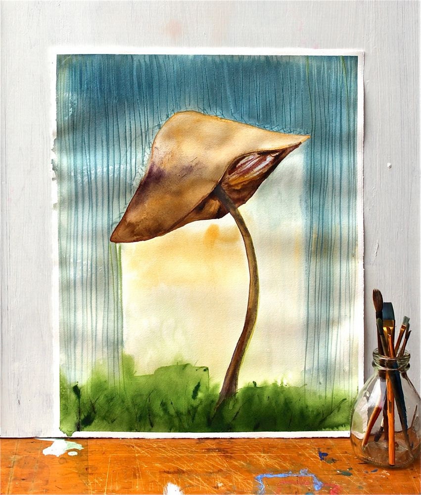 watercolor painting mushroom rain blue green brown "rainy day 2"