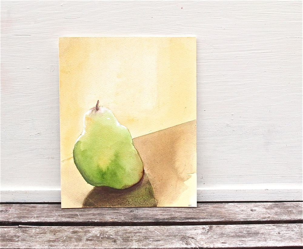 watercolor painting pear still life, kitchen art, green, yellow, gold brown "afternoon snack"
