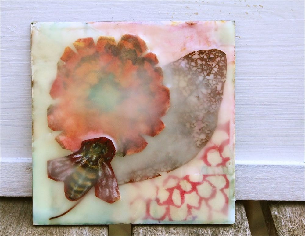 Little bee Encaustic painting, pink orange flower brown leaf, abstract floral nature garden
