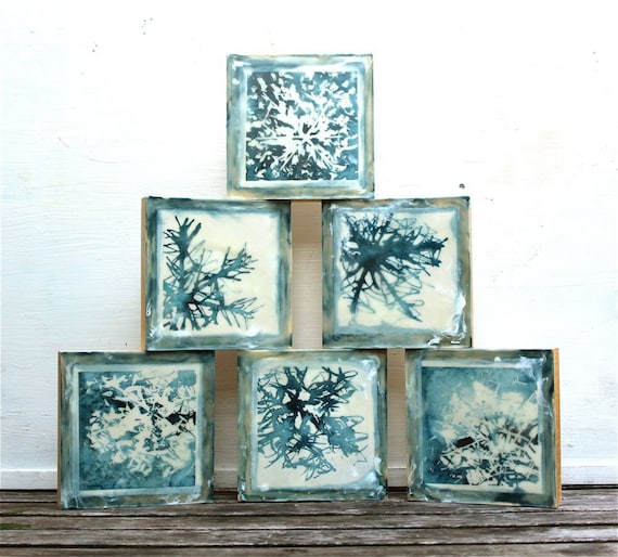 snowflake painting, watercolor and encaustic- holiday decor, abstract, blue white cream on wood