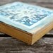 snowflake painting, watercolor and encaustic- holiday decor, abstract, blue white cream on wood