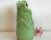 Green Vase with Hand Carved and Pressed Design -  Lovely Mothers Day Gift