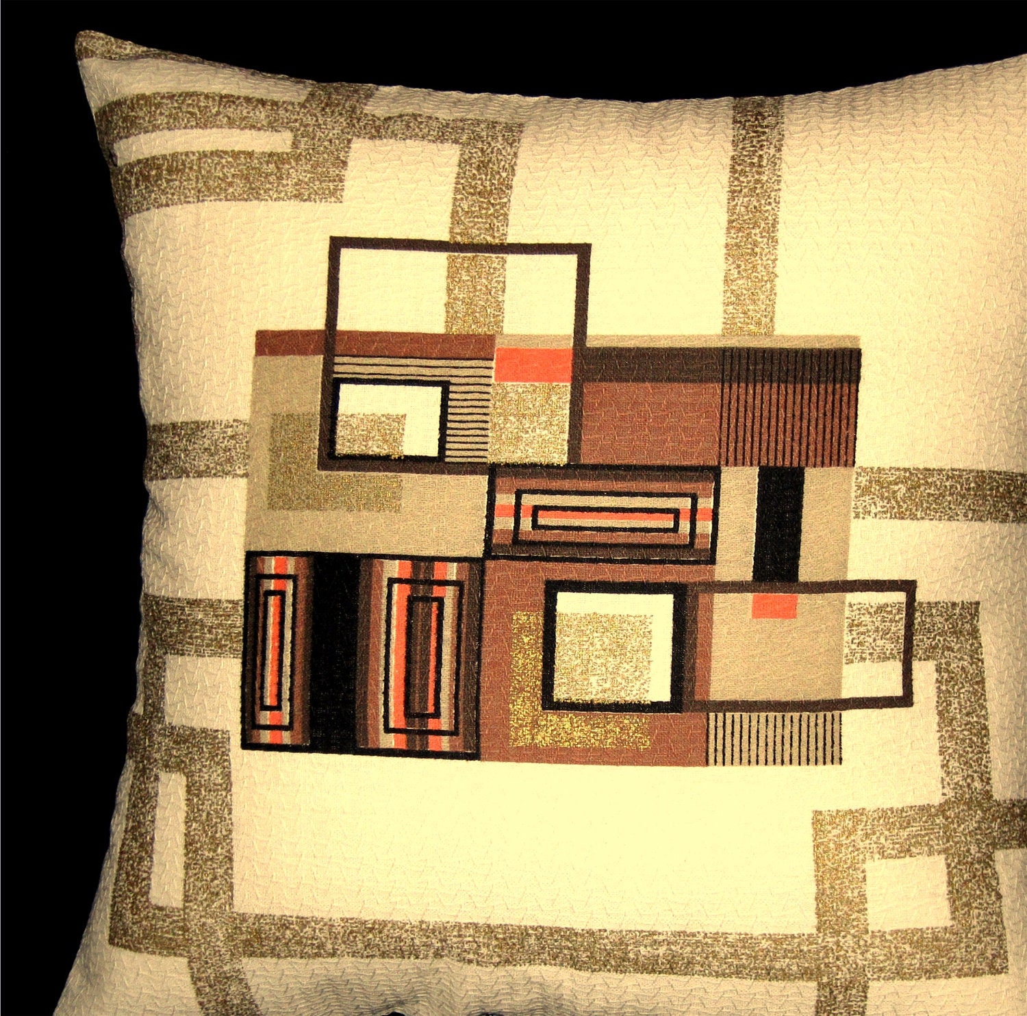 Retro Vintage Barkcloth PiLLoW CoVeR-- 1950s Metallic Gold GeoMetrics On Cream -- For 18" x 18" insert