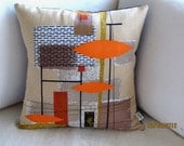 Retro Throw Pillow --  Vintage Barkcloth - Orange, Rust and Tan Mid-Century Modern -- Pillow Cover for 16" x 16" insert - LAST ONE