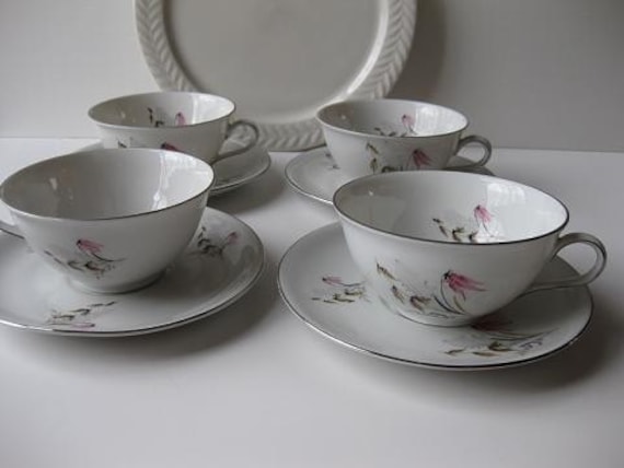 Vintage Royal Duchess Mountain Bell Bavarian Pink Floral Teacups and Saucers Set of Four