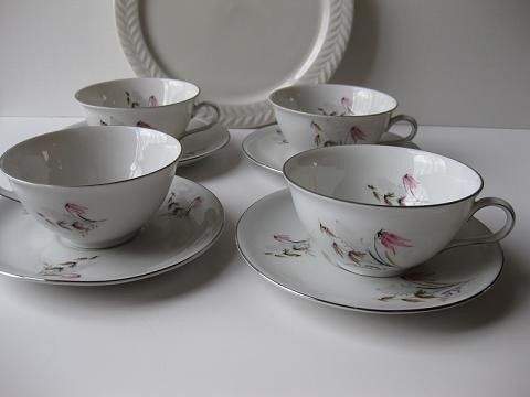 Vintage Royal Duchess Mountain Bell Bavarian Pink Floral Teacups and Saucers Set of Four
