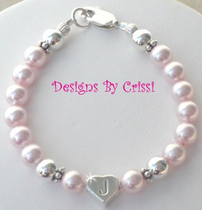 Flower Girl Pearl Bracelet, Personalized Initial Name Swarovski pearl, sterling silver Pearl baby, toddler, white, pink, great shower gift