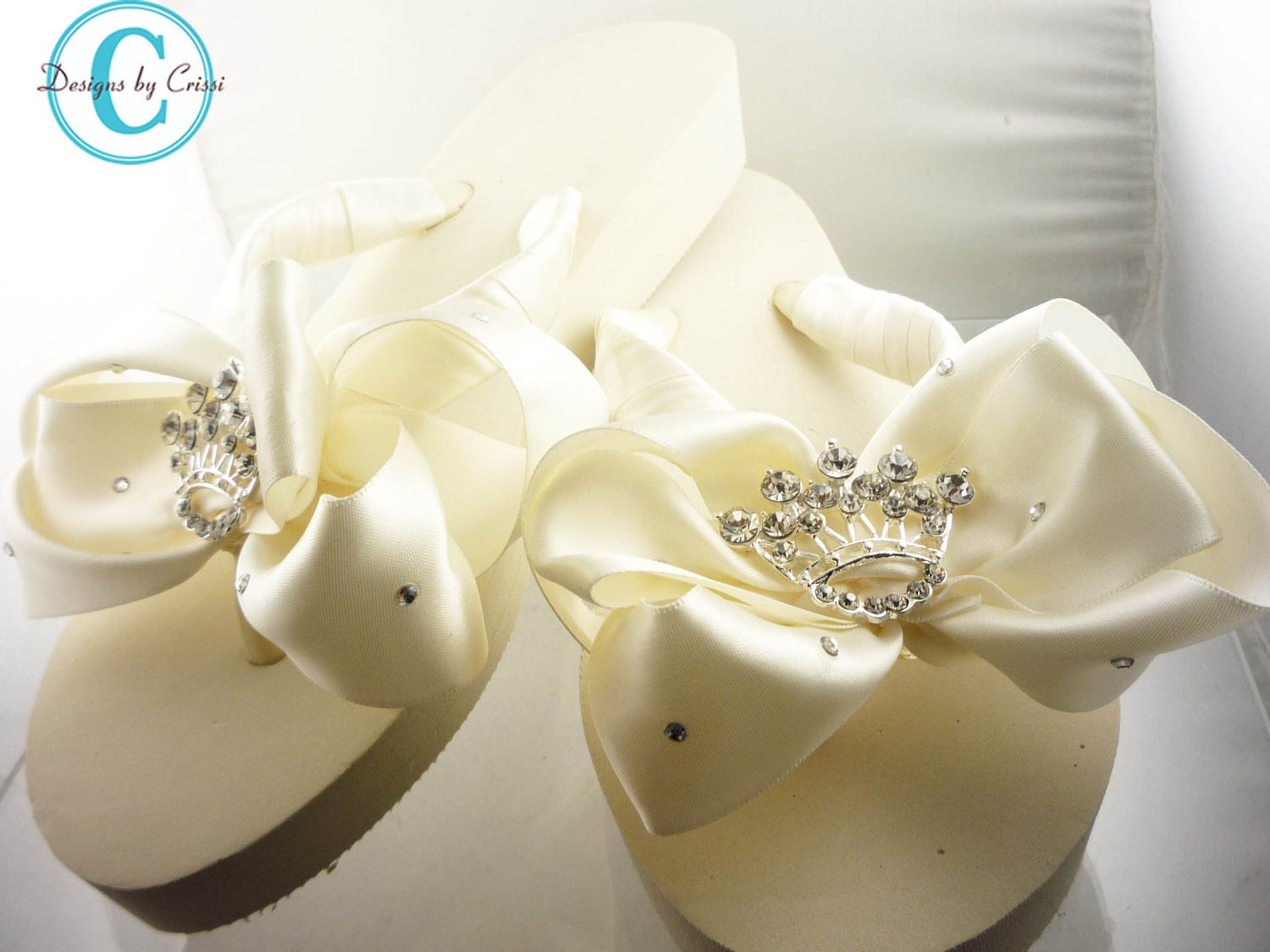 Ivory Wedge Bridal Flip Flops Rhinestone Satin Crown Princess Bow Wedding Bride platform heel Wedding Ribbon,  brides, bridesmaids