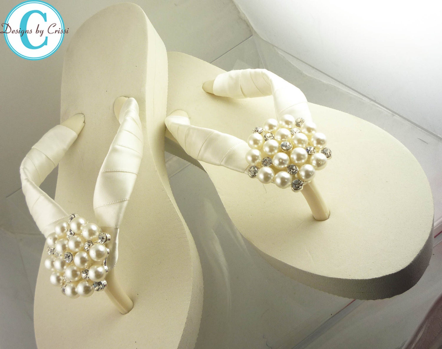 Ivory Wedge Bridal Flip Flops Rhinestone Satin Pearl Rhinestone Wedding Bride platform heel Wedding Ribbon,  brides, bridesmaids