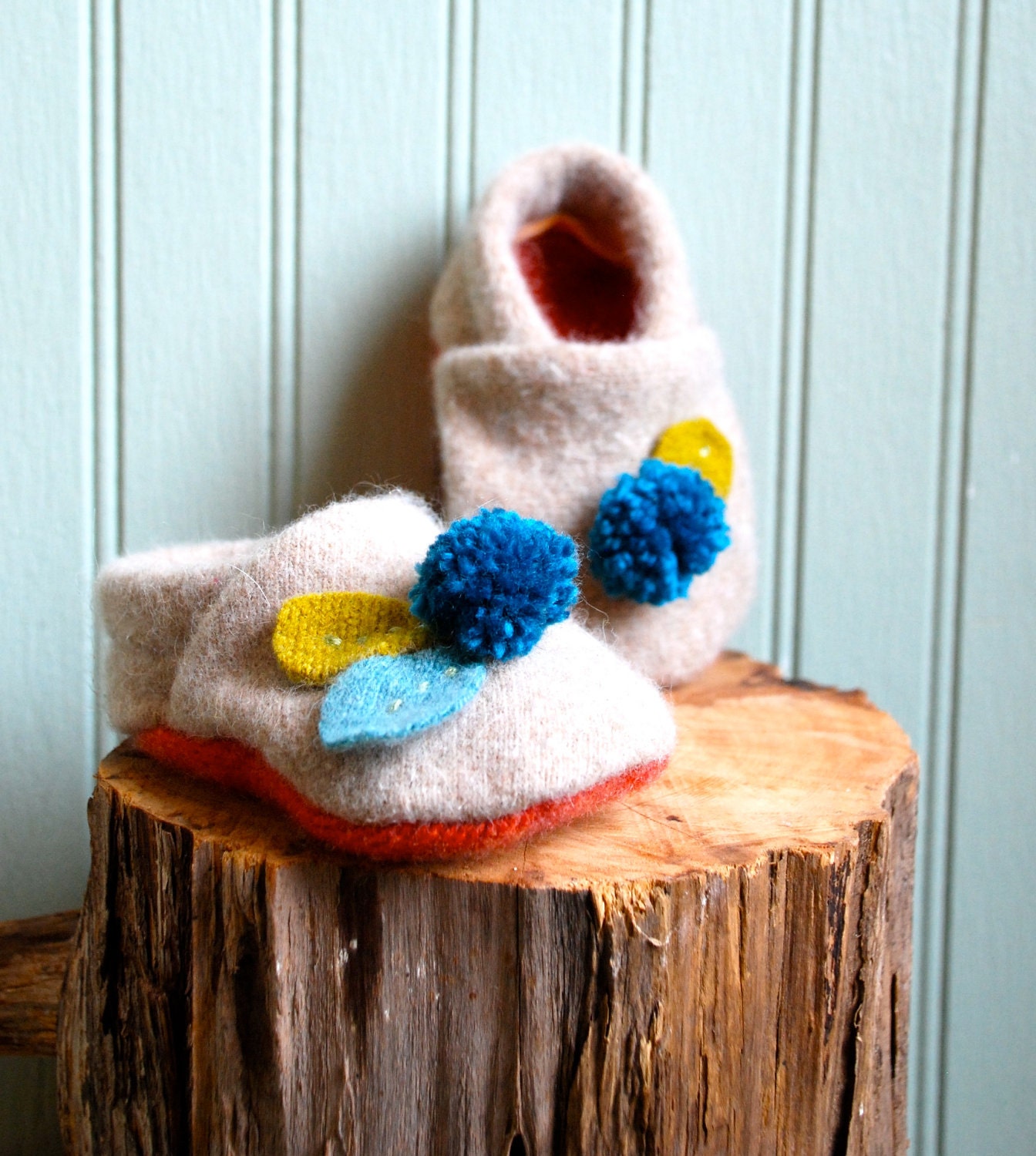 Made to Order///Pompom Baby Booties made from Reclaimed Lambswool/// 0-9 month size