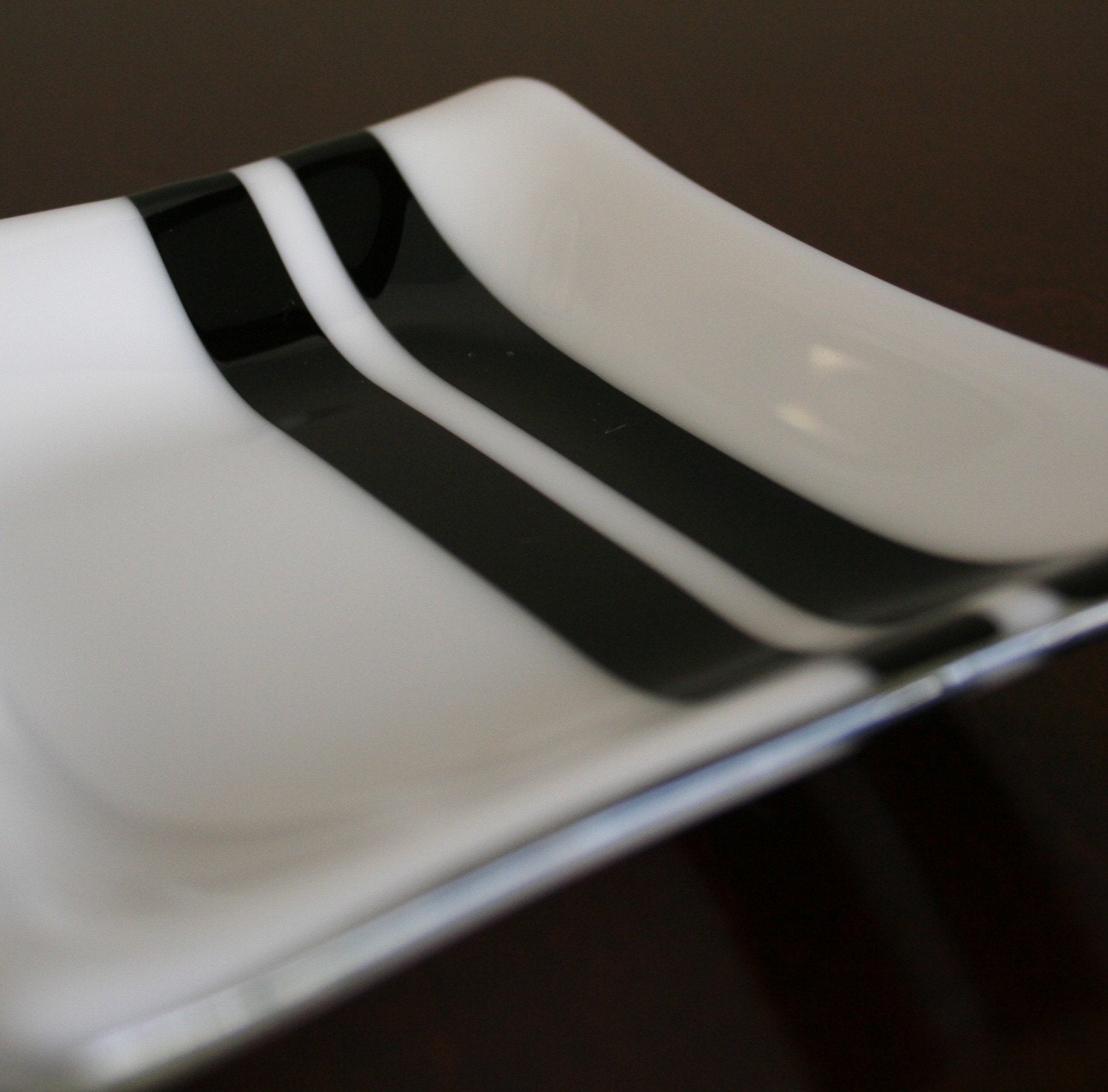 Fused glass bowl, Gift ideas, White dish, Black stripe, Small 5" square.