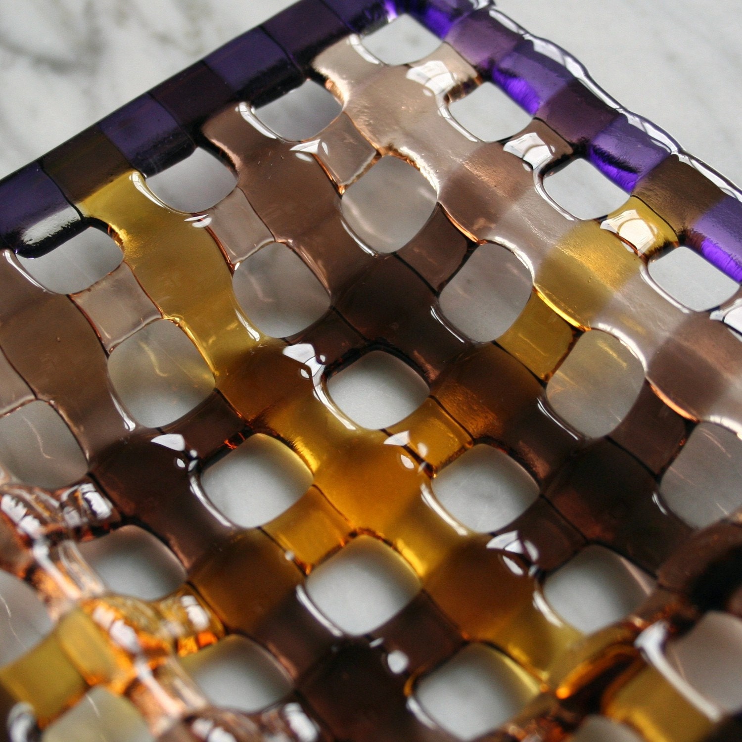 Fused glass dish Gift ideas basketweave square amber purple.