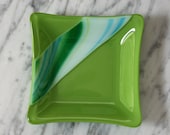 Fused glass candy dish, amazon green square, jewelry bowl.