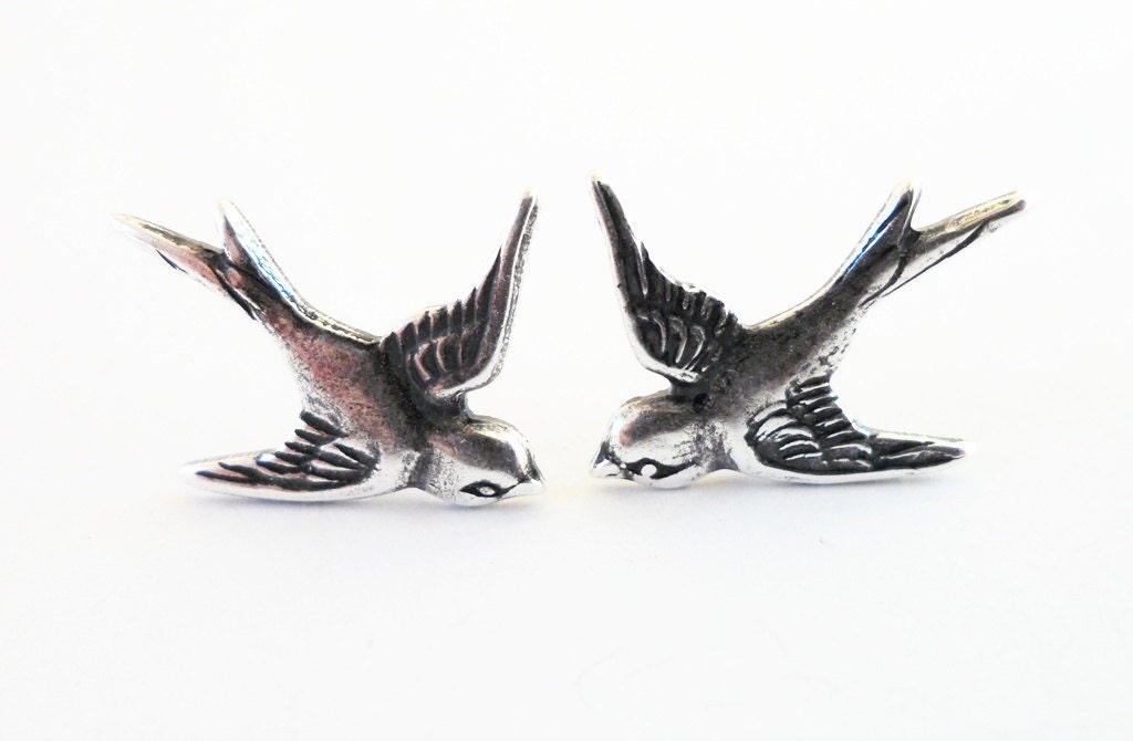 Steampunk Sparrow Earrings- Sterling Silver Ox- Surgical Steel Post Earrings