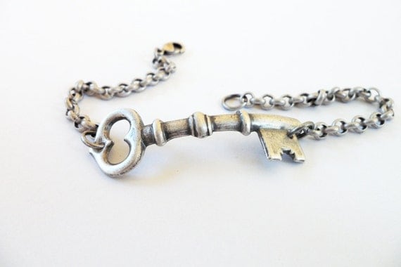 Steampunk Small Skeleton Key Bracelet- Sterling Silver Finish