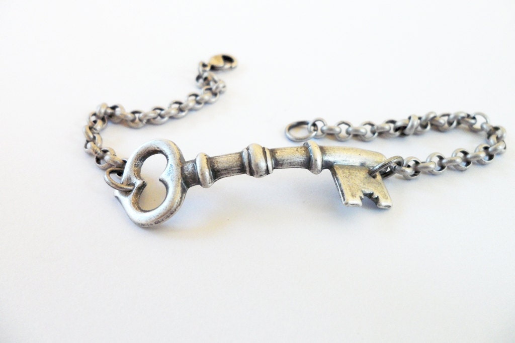 Steampunk Small Skeleton Key Bracelet- Sterling Silver Finish
