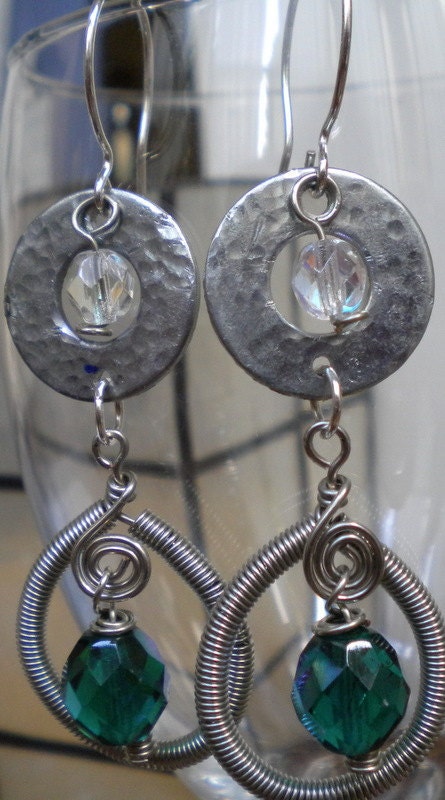 Wire Coiled  with Hammered Washers and Crystal Earrings