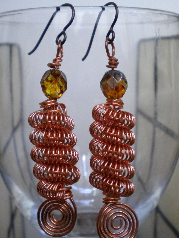 Double Coiled Copper Wire Beads with Fire Polished  Crystals on Niobium (hypoallergenic) Ear Wires