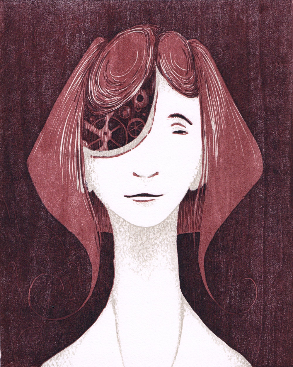Mnemone: Clockwork Thought Process in Red and White, Five Layer Reduction Woodblock Print