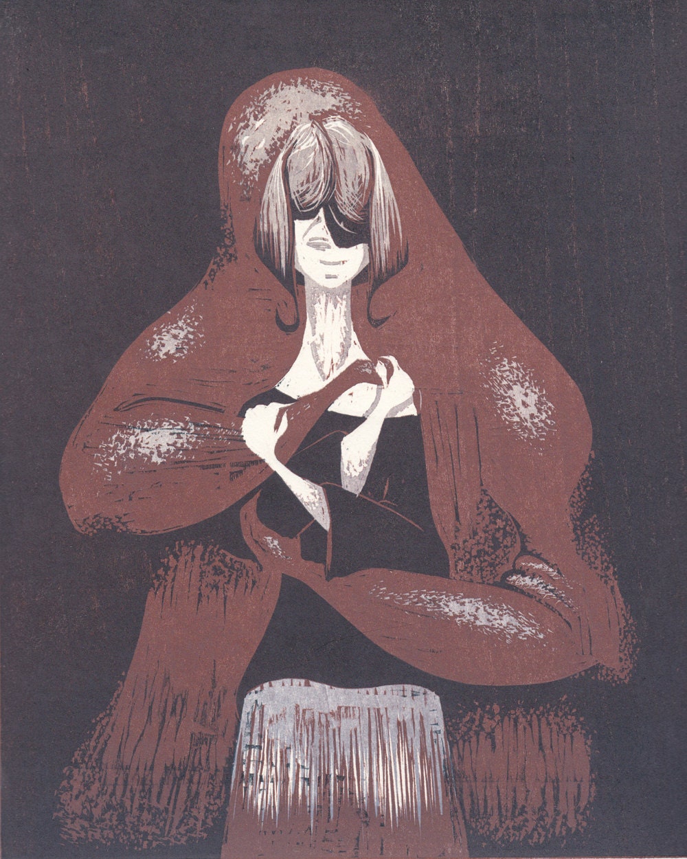 Support 15/18, Rust with Gray/Blue split and Black, Three Layer Reduction Woodblock Print