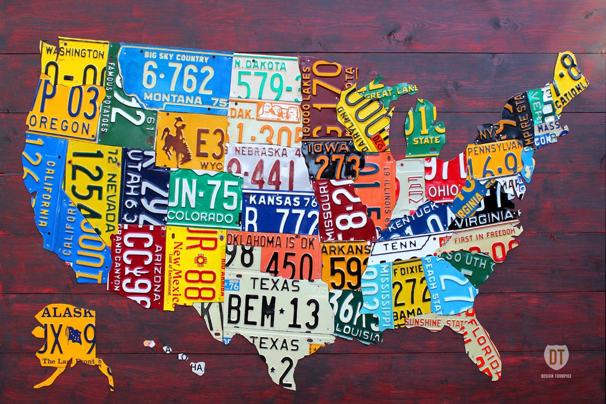 Large License Plate Map of the United States 48" x 32" USA
