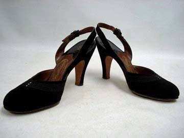 1930s 40s Black Suede Rounded Toe JOHNNIE WALKER BLACK Rhinestone Vamp Slingbacks Sz 7 - 7.5