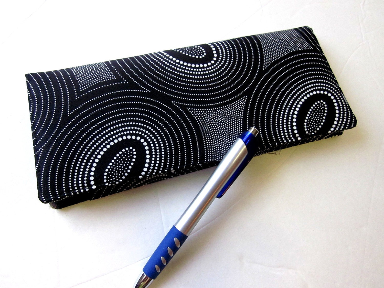 Handmade business checkbook cover black with dots and circles, vegan