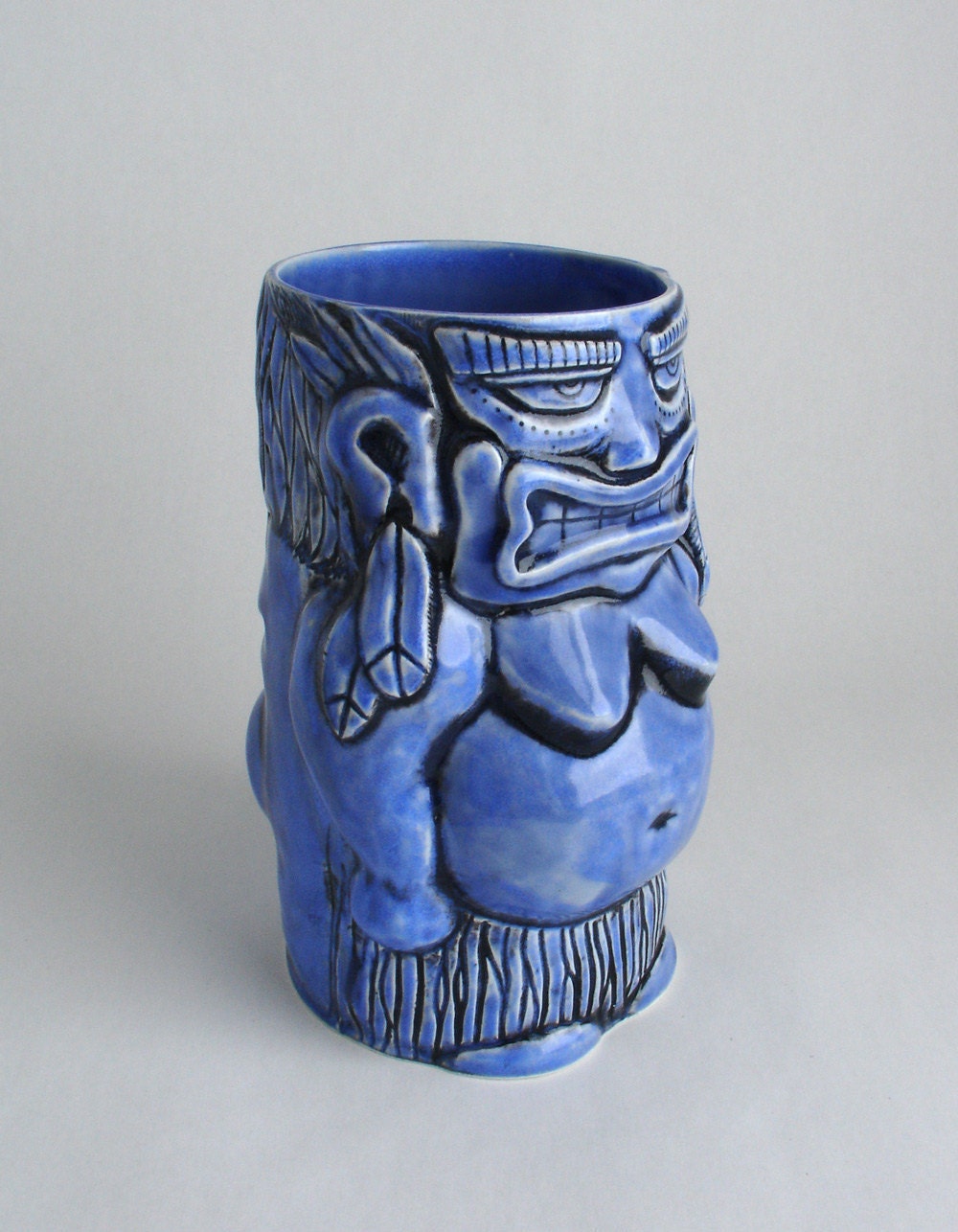 Porcelain TIKI MUG Cup Large Hand Carved Blue Black Modern Ceramic Art